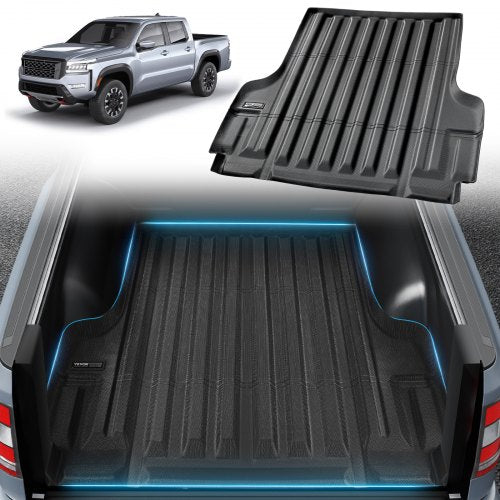 Black TPE truck bed mat shown with a silver Nissan Frontier pickup truck.