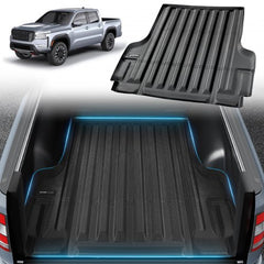 Black TPE truck bed mat shown with a silver Nissan Frontier pickup truck.