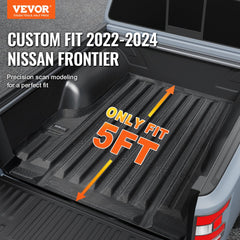 A black TPE truck bed mat custom-fit for a 2022-2024 Nissan Frontier 5ft bed.
