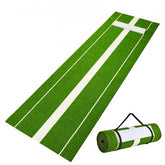 Green 10x3 ft softball pitching mat with white stride lines and rolled-up view.