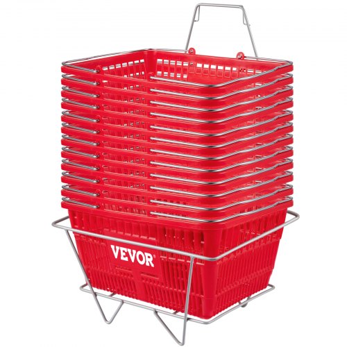 Stack of 12 red HDPE shopping baskets with iron stand, 21L capacity.