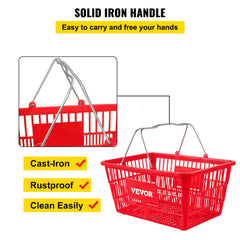 Red HDPE shopping basket with solid iron handle and rustproof features.