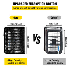 Comparison of two black HDPE shopping baskets: ours larger at 21.5x13.2 cm with encrypted bottom vs others smaller at 15x9.8 cm prone to dropping.