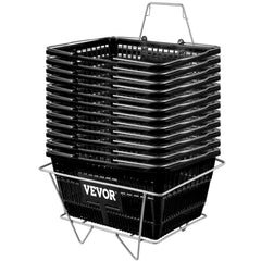 Set of 12 black HDPE shopping baskets with iron stand, stackable and durable, 21L capacity.