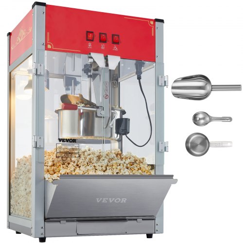 Red 12 oz commercial popcorn machine with stainless steel kettle, glass walls, warming deck, and scoop.