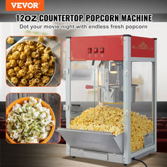 Red 12 oz commercial popcorn machine with stainless steel kettle, control switches, and warming deck.