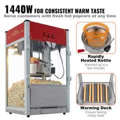 Red 1440W commercial popcorn popper machine with 12 oz kettle and warming deck.