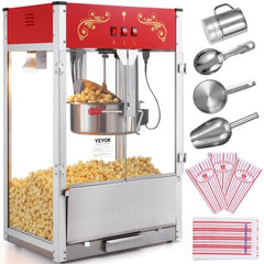 Red countertop popcorn machine with a 16 oz kettle and tempered glass for easy viewing.