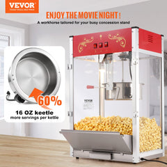 Red countertop popcorn machine with a 16 oz kettle and tempered glass panels.