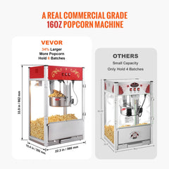 Red countertop popcorn machine with a 16 oz kettle and tempered glass for easy viewing.