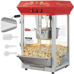 Red 8 oz countertop popcorn popper machine with glass walls, stainless kettle, and accessories.
