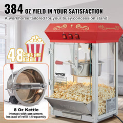 Red 8 oz countertop popcorn popper machine with stainless steel kettle and warming deck.