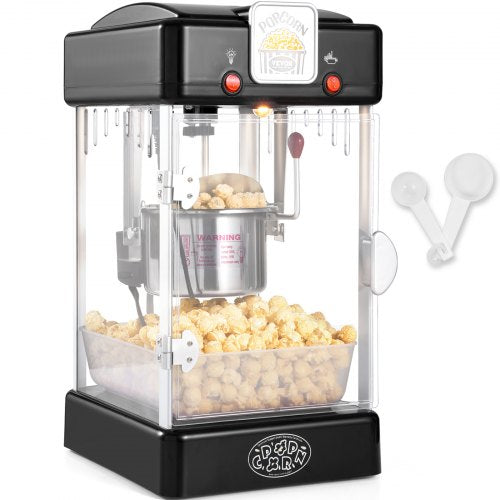 Black tabletop popcorn maker with a 2.5 oz kettle and independent dual switch.