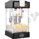 Black tabletop popcorn maker with a 2.5 oz kettle and independent dual switch.