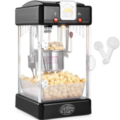 Black tabletop popcorn maker with a 2.5 oz kettle and independent dual switch.