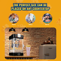 Black tabletop popcorn maker with a 2.5 oz kettle and independent dual switch for easy operation.