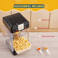 Black tabletop popcorn maker with a 2.5 oz kettle and warming light for easy operation.