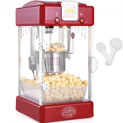 Red 300W tabletop popcorn popper machine with clear walls, stainless kettle, and fresh popcorn.