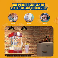 Red 300W tabletop popcorn popper machine with 2.5 oz kettle on a kitchen counter.