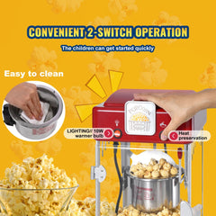 Red tabletop popcorn popper machine with 2-switch operation, stainless kettle, warming light, and bowl of popcorn.