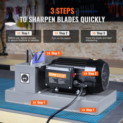 Bostome 500W lawn mower blade sharpener with 7-inch ceramic wheel and 3-step instructions.