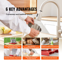 Manual stainless steel juice maker with 2L capacity and adjustable T-handle for easy operation.