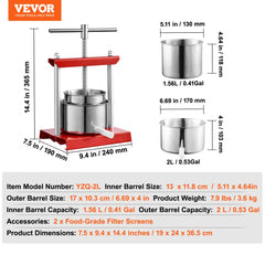 Manual stainless steel juice maker with 2L capacity and adjustable handle for easy fruit pressing.