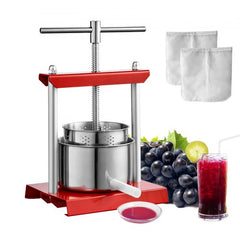 Red stainless steel manual fruit wine press with 1.6-gallon capacity and white filter bags.