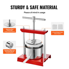 Stainless steel manual fruit wine press with 1.6-gallon capacity, red base, and adjustable T-handle.