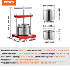 Stainless steel manual fruit wine press with 1.6-gallon capacity and red base.