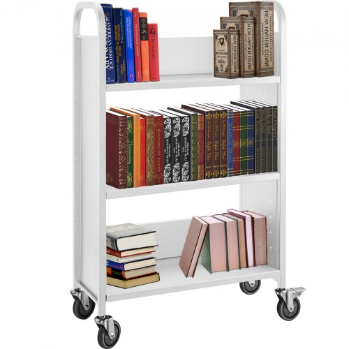 White steel rolling book cart with single-sided shelves and four swivel casters for mobility.