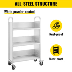 White steel rolling book cart with single-sided shelves and four swivel casters.