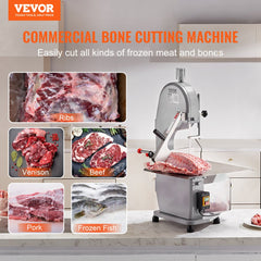 Stainless steel electric meat bandsaw with adjustable thickness and safety features.