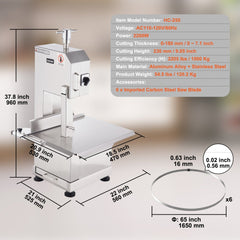 Stainless steel commercial meat bandsaw with 18.5x20.9-inch table and dimensions shown.
