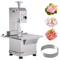 Stainless steel commercial meat bandsaw with 18.5x20.9in table, blades, and meat samples.