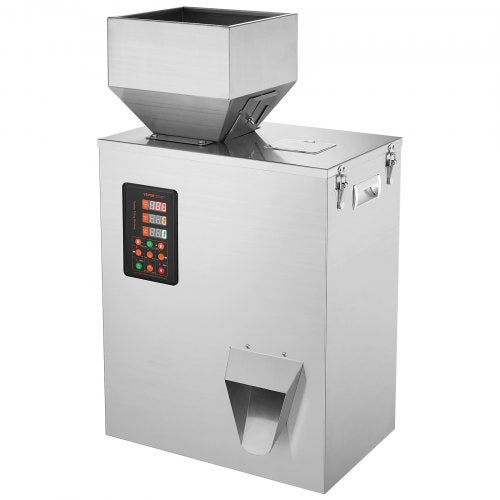 Stainless steel automatic powder filling machine with hopper, digital control panel, and 10-500g capacity.