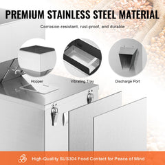 Stainless steel Bostome powder filling machine with hopper, vibrating tray, and discharge port.