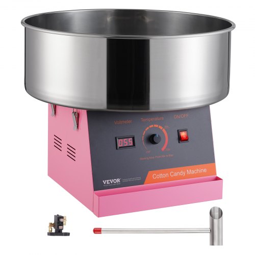 Pink stainless steel electric cotton candy machine with 1000W motor and control panel.
