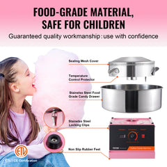 Pink stainless steel electric cotton candy machine with 1000W power, food-grade bowl, and safety features.