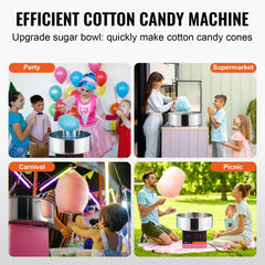 Pink stainless steel 1000W electric cotton candy machine with upgraded sugar bowl for quick cone production.