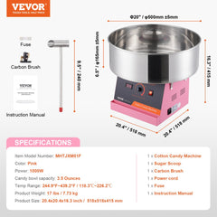 Pink stainless steel electric cotton candy machine with 1000W power and 3.5 oz bowl.