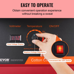 Hand adjusting temperature dial on red Bostome 1000W electric cotton candy machine panel.