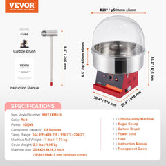 Red stainless steel 1000W electric cotton candy machine with transparent cover and accessories.