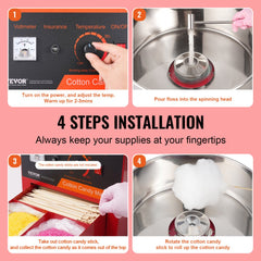 Red commercial cotton candy machine with stainless steel bowl and 1000W motor.