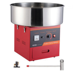 Red commercial cotton candy machine with stainless steel bowl and adjustable temperature control.