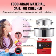 Red commercial cotton candy machine with stainless steel bowl and adjustable temperature control.