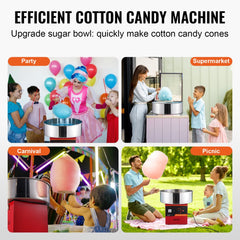 Red Bostome commercial cotton candy machine with stainless steel bowl and adjustable temperature control.