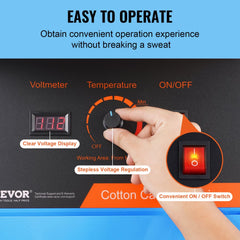 Blue stainless steel electric cotton candy machine with voltage display, temperature dial, and on/off switch.