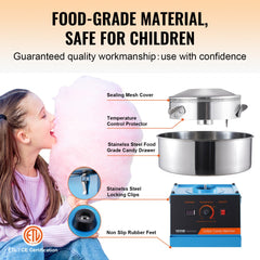 Blue stainless steel electric cotton candy machine with 1000W motor, stainless bowl, and safety features.