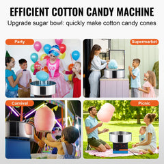 Blue stainless steel 1000W electric cotton candy machine with sugar bowl, shown in party, supermarket, carnival, and picnic settings.